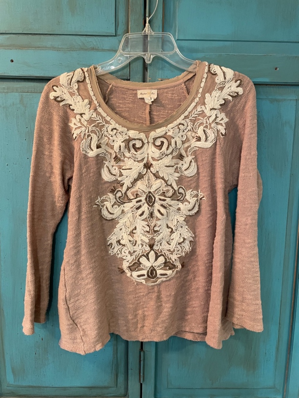 Meadow Rue Dusty Pink Long-Sleeve Top with Cream Embroidery